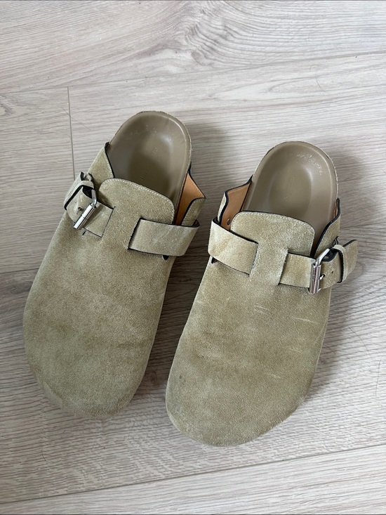Isabel Marant Shoes - Isabel Marant Olive Green Suede Slip-On Clogs with Buckle